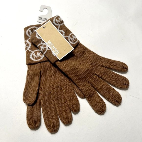NWT Bundle 2PC MICHAEL KORS Gloves Black White Brown Signature Logo Acrylic - Picture 5 of 6
